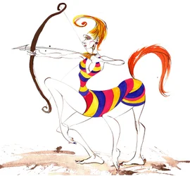 Signos del Zodiaco: Vestido de Sagitario (de una serie de caricaturas de moda, una para cada signo del zodiaco)